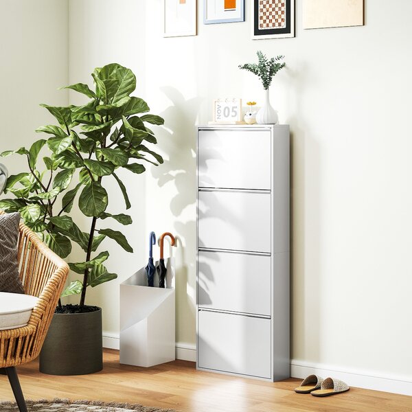 HOMCOM Kovový botník se 4 sklápěcími dvířky pro 8 párů bot 55 x 15 x 139,5 cm Bílý | Aosom