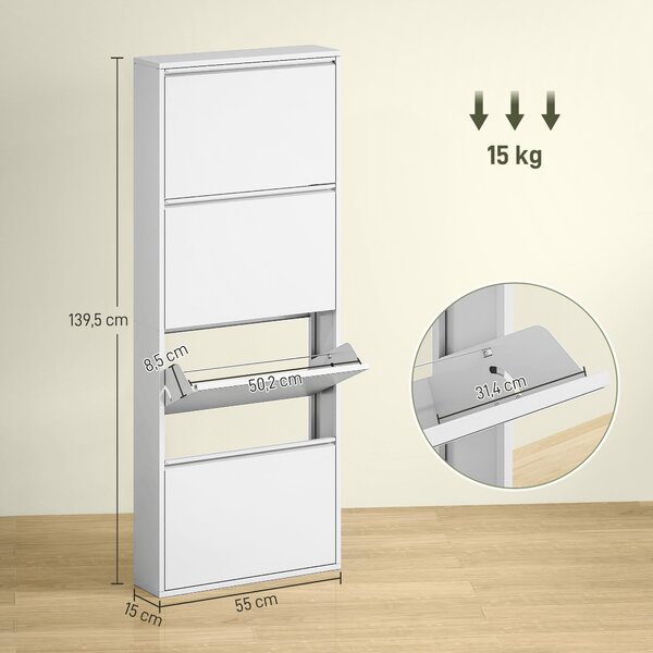 HOMCOM Kovový botník se 4 sklápěcími dvířky pro 8 párů bot 55 x 15 x 139,5 cm Bílý | Aosom