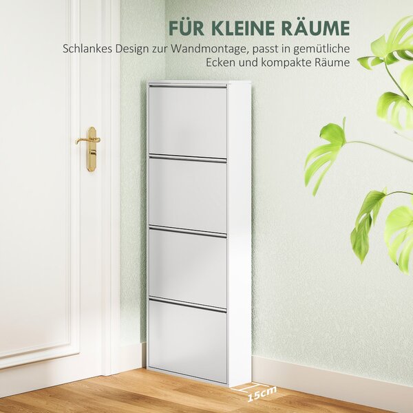 HOMCOM Kovový botník se 4 sklápěcími dvířky pro 8 párů bot 55 x 15 x 139,5 cm Bílý | Aosom