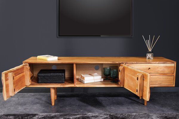 Designový retro televizní stolek Camille z akaciového masivu se dvěma šuplíky a dvěma dvířky s designem mozaiky 145cm