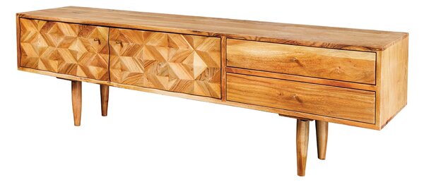 Designový retro televizní stolek Camille z akaciového masivu se dvěma šuplíky a dvěma dvířky s designem mozaiky 145cm