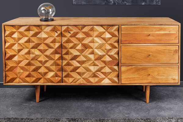 Luxusní retro příborník Camille z masivního akaciového dřeva se třemi zásuvkami a dvěma dvířky 145cm