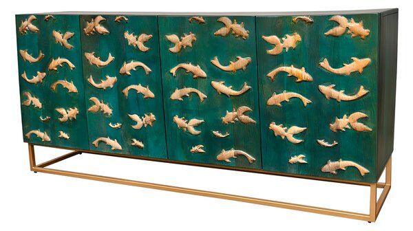 Designový art-deco příborník Cumbria z tyrkysového mangového dřeva se zlatým 3D dekorem ryb a kovovou podnoží 180 cm