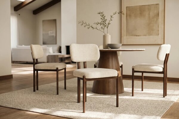 Designová art deco jídelní židle Arlanda s béžovým žinylkovým čalouněním a ořechovým hnědým kovovým rámem 56 cm