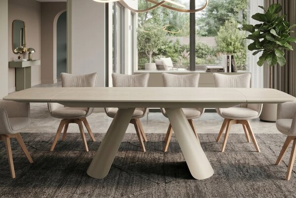 Moderní béžový jídelní stůl Lutz s obdélníkovou rozkládací deskou s designem travertinu a kovovými nohami 160-240 cm
