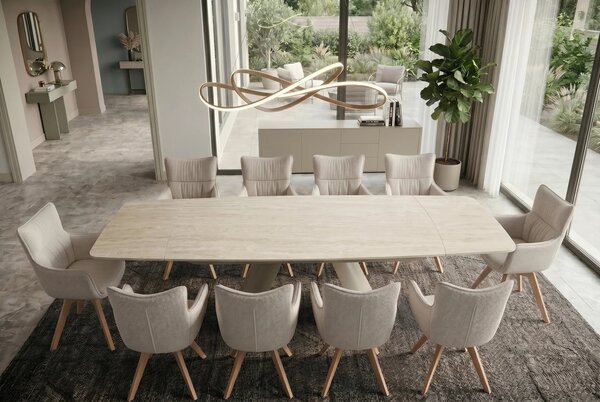 Moderní béžový jídelní stůl Lutz s obdélníkovou rozkládací deskou s designem travertinu a kovovými nohami 160-240 cm