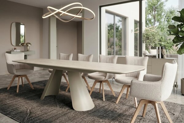 Moderní béžový jídelní stůl Lutz s obdélníkovou rozkládací deskou s designem travertinu a kovovými nohami 160-240 cm
