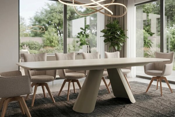 Moderní béžový jídelní stůl Lutz s obdélníkovou rozkládací deskou s designem travertinu a kovovými nohami 160-240 cm