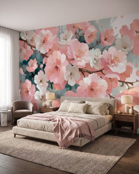 Fototapety Kvetoucí třešňové květy s růžovými a bílými květy ve stylu olejomalby, Fototapety les, Fototapety stromy, w09912 : uwalls.cz