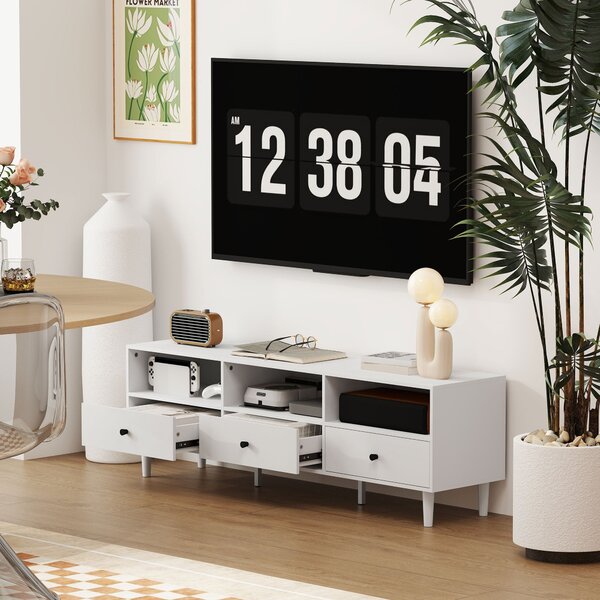 TV stolek HOMCOM s přihrádkami a šuplíky, 140 cm dlouhý TV konzole pro TV do 75 palců s úložným prostorem a organizací kabelů, bílý 140x34x45cm | Aoso