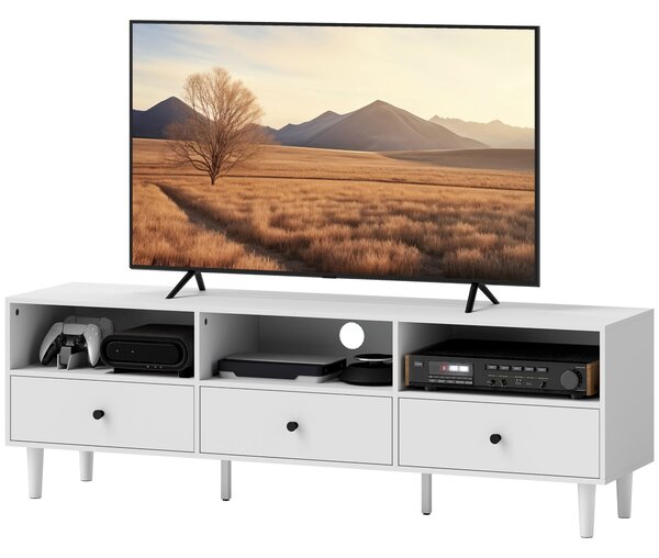 TV stolek HOMCOM s přihrádkami a šuplíky, 140 cm dlouhý TV konzole pro TV do 75 palců s úložným prostorem a organizací kabelů, bílý 140x34x45cm | Aoso