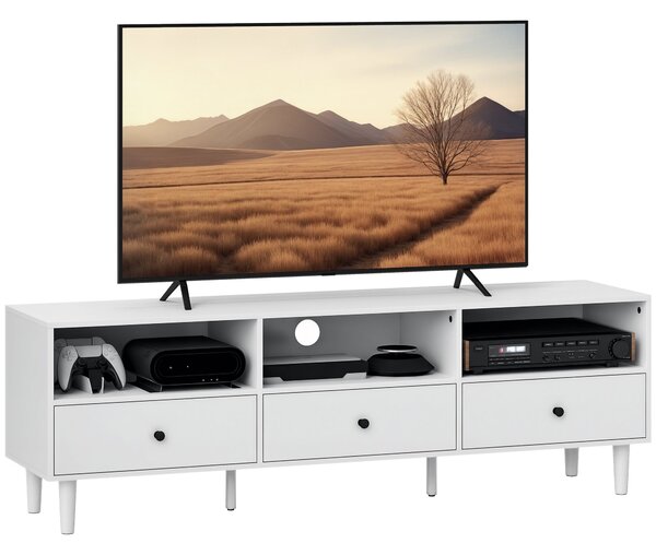 TV stolek HOMCOM s přihrádkami a šuplíky, 140 cm dlouhý TV konzole pro TV do 75 palců s úložným prostorem a organizací kabelů, bílý 140x34x45cm | Aoso