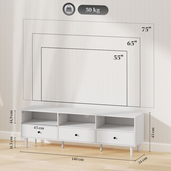 TV stolek HOMCOM s přihrádkami a šuplíky, 140 cm dlouhý TV konzole pro TV do 75 palců s úložným prostorem a organizací kabelů, bílý 140x34x45cm | Aoso
