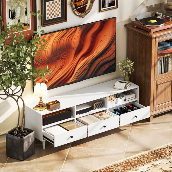 TV stolek HOMCOM s přihrádkami a šuplíky, 140 cm dlouhý TV konzole pro TV do 75 palců s úložným prostorem a organizací kabelů, bílý 140x34x45cm | Aoso