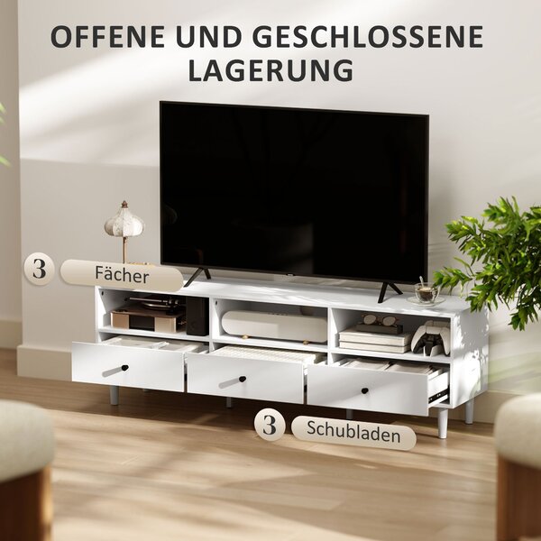 TV stolek HOMCOM s přihrádkami a šuplíky, 140 cm dlouhý TV konzole pro TV do 75 palců s úložným prostorem a organizací kabelů, bílý 140x34x45cm | Aoso
