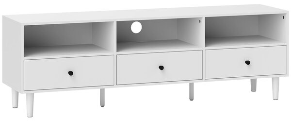 TV stolek HOMCOM s přihrádkami a šuplíky, 140 cm dlouhý TV konzole pro TV do 75 palců s úložným prostorem a organizací kabelů, bílý 140x34x45cm | Aoso