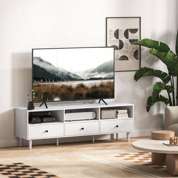 TV stolek HOMCOM s přihrádkami a šuplíky, 140 cm dlouhý TV konzole pro TV do 75 palců s úložným prostorem a organizací kabelů, bílý 140x34x45cm | Aoso