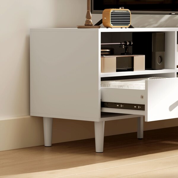 TV stolek HOMCOM s přihrádkami a šuplíky, 140 cm dlouhý TV konzole pro TV do 75 palců s úložným prostorem a organizací kabelů, bílý 140x34x45cm | Aoso