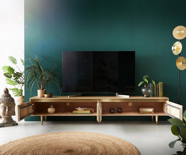 DELIFE TV stolek Budaya 220 cm mango přírodní 4 dvířka noha kulatá