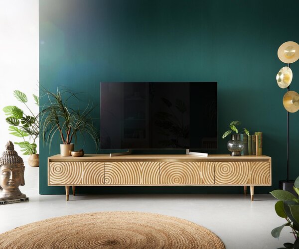 DELIFE TV stolek Budaya 220 cm mango přírodní 4 dvířka noha kulatá
