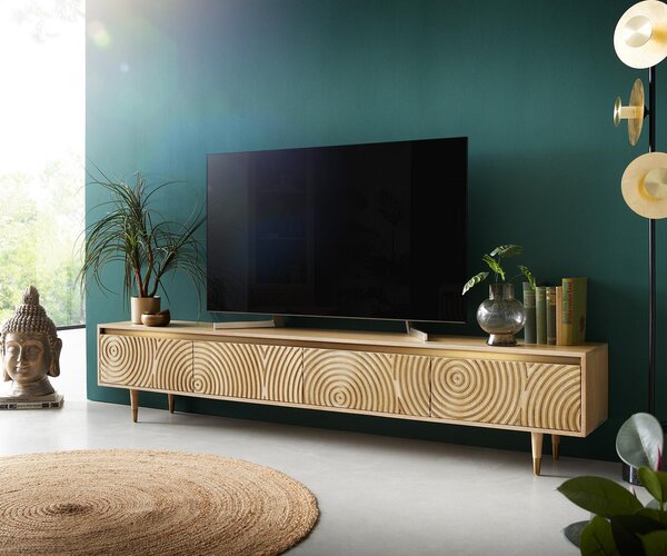 DELIFE TV stolek Budaya 220 cm mango přírodní 4 dvířka noha kulatá