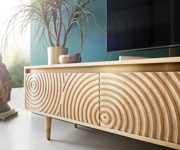 DELIFE TV stolek Budaya 220 cm mango přírodní 4 dvířka noha kulatá