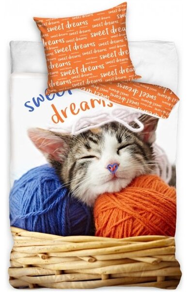 Bavlněné ložní povlečení koťátko s klubíčky - motiv sweet dreams - 100% bavlna - 70 x 90 cm + 140 x 200 cm