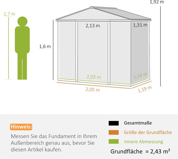 Outsunny Kůlna na nářadí z pozinkované oceli 2,43 m² 213x131x192 cm Snadná montáž zahradní kůlna s šikmou střechou, zamykatelné posuvné dveře, odolný