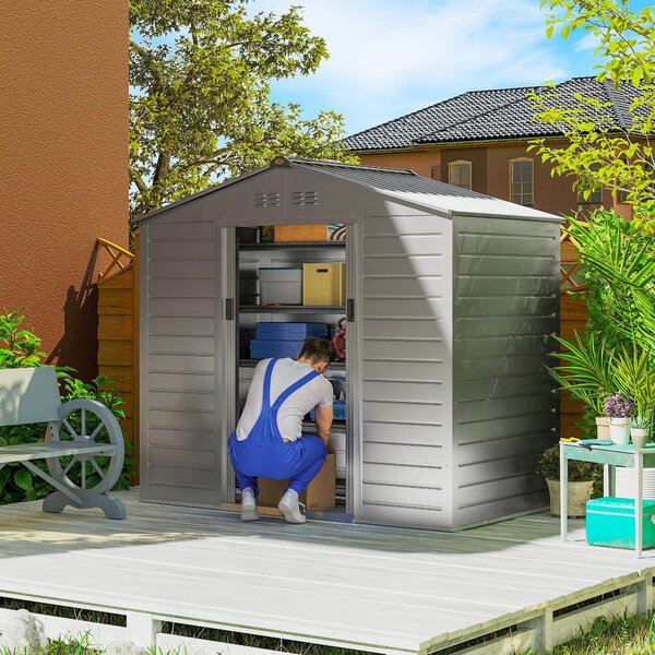 Outsunny Kůlna na nářadí z pozinkované oceli 2,43 m² 213x131x192 cm Snadná montáž zahradní kůlna s šikmou střechou, zamykatelné posuvné dveře, odolný