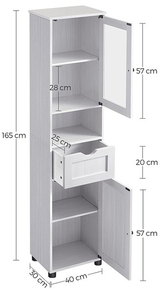 Vysoká skříň, úzká skříň s prosklenými dveřmi, dřevěný vzor světle šedé