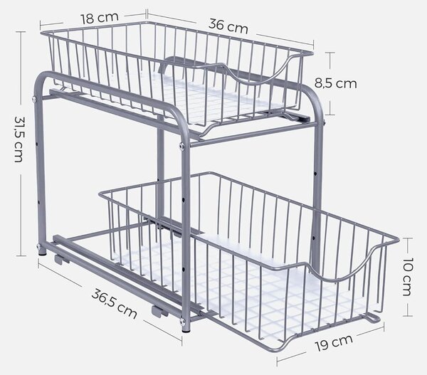 VASHOME kuchyňský organizér, dvoustupňový stohovatelný organizér pod dřez, stříbrný, 36x21x25-31cm