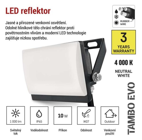 EMOS Lighting LED reflektor TAMBO EVO, 10 W, 1000 lm, IP65, černý