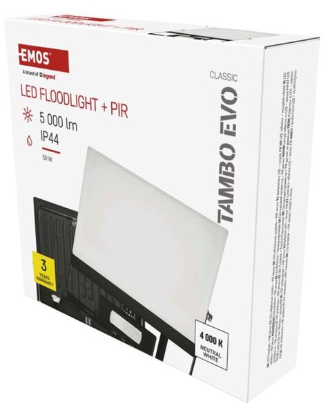 EMOS Lighting LED reflektor TAMBO EVO se senzorem pohybu, 50 W, 5000 lm, IP65, černý