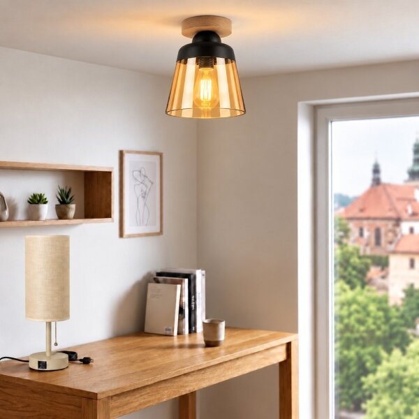 BRILAGI-LED Stropní svítidlo R GLASS 1xE27/60W/230V pr. 15,5cm dub/kouř béžová
