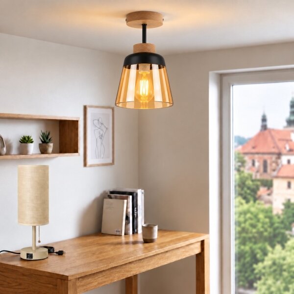 BRILAGI-LED Přisazený lustr R GLASS 1xE27/60W/230V pr. 15,5cm dub/kouřová béžová