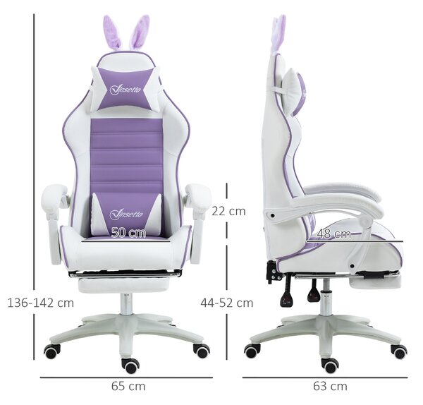 Herní židle ergonomická s podnožkou králičí uši 135° polohovací kancelářská židle nastavitelná výška bederní opěrka opěrka hlavy koženka fialová