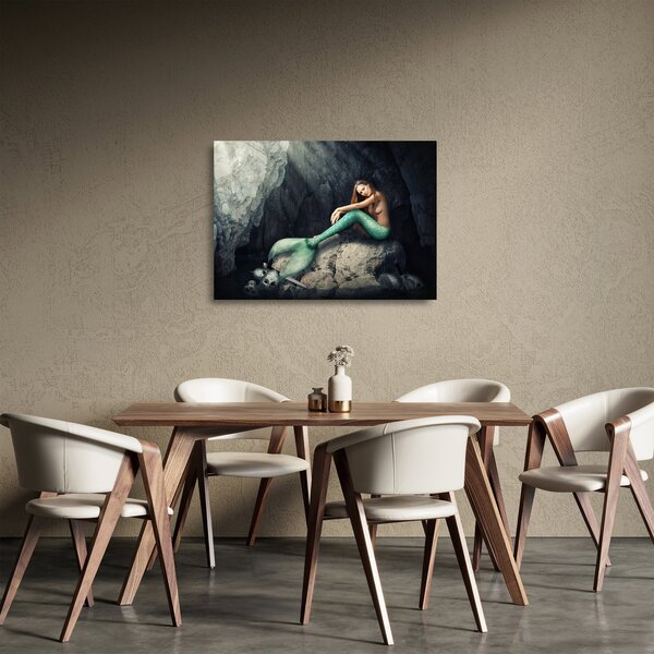 Skleněný obraz - Mořská panna na skále (70x50 cm)