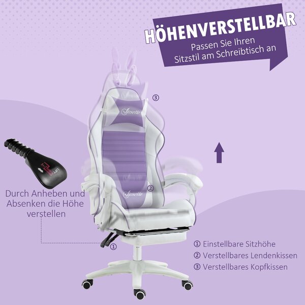 Herní židle ergonomická s podnožkou králičí uši 135° polohovací kancelářská židle nastavitelná výška bederní opěrka opěrka hlavy koženka fialová