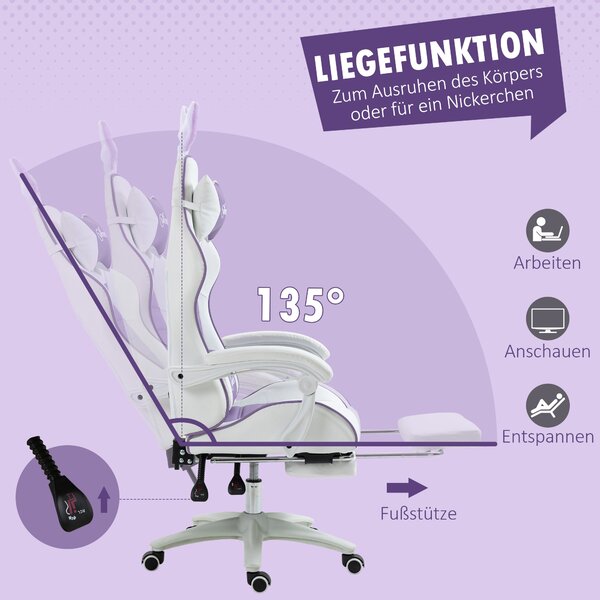 Herní židle ergonomická s podnožkou králičí uši 135° polohovací kancelářská židle nastavitelná výška bederní opěrka opěrka hlavy koženka fialová