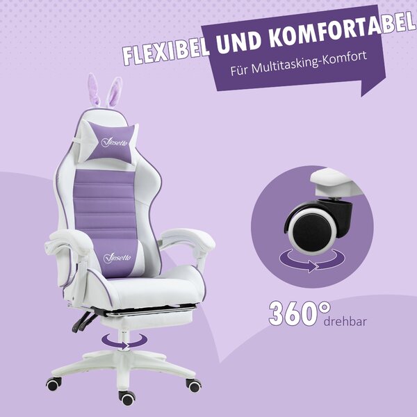 Herní židle ergonomická s podnožkou králičí uši 135° polohovací kancelářská židle nastavitelná výška bederní opěrka opěrka hlavy koženka fialová