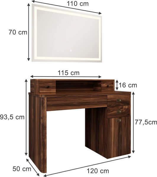 Toaletní stolek Vicco Neria Rustikální dub 120 cm se zrcadlem LED, Model 54332