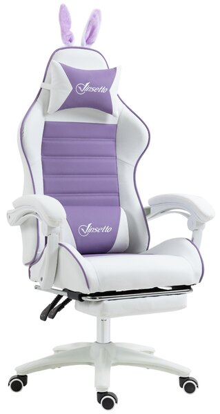 Herní židle ergonomická s podnožkou králičí uši 135° polohovací kancelářská židle nastavitelná výška bederní opěrka opěrka hlavy koženka fialová