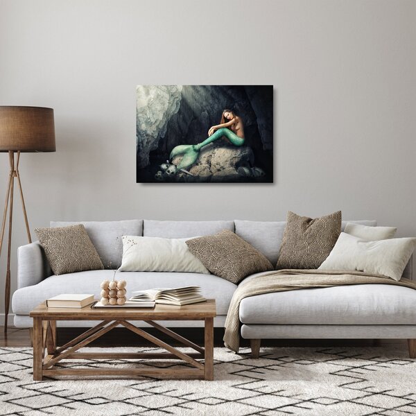 Skleněný obraz - Mořská panna na skále (70x50 cm)