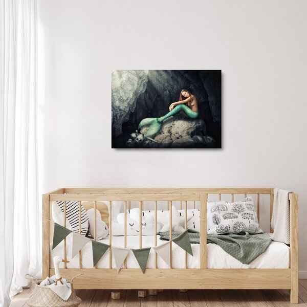 Skleněný obraz - Mořská panna na skále (70x50 cm)