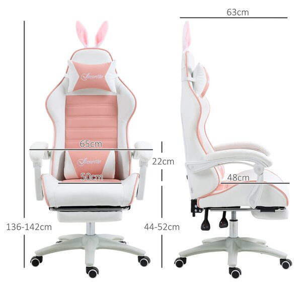 Ergonomická herní židle Vinsetto s bederní podporou, podnožkou a ušima králíčka, polštářkem na hlavu, kancelářská židle s nastavitelnou opěrkou zad Rů