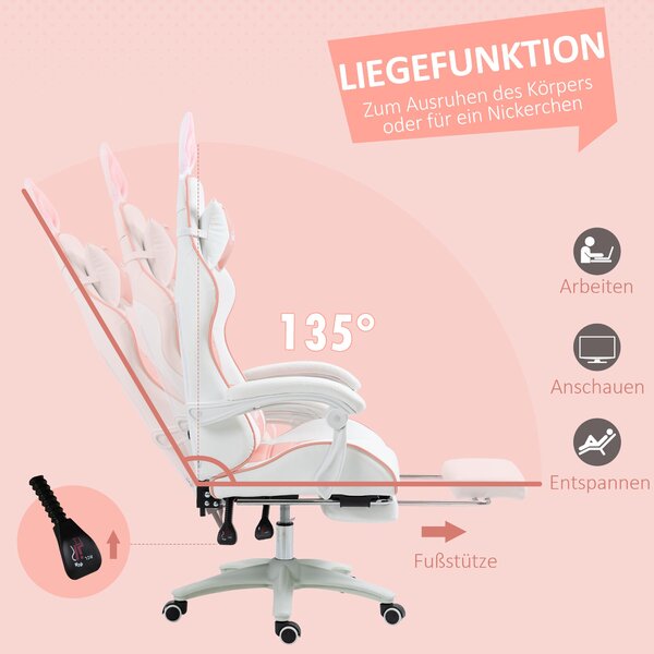 Ergonomická herní židle Vinsetto s bederní podporou, podnožkou a ušima králíčka, polštářkem na hlavu, kancelářská židle s nastavitelnou opěrkou zad Rů