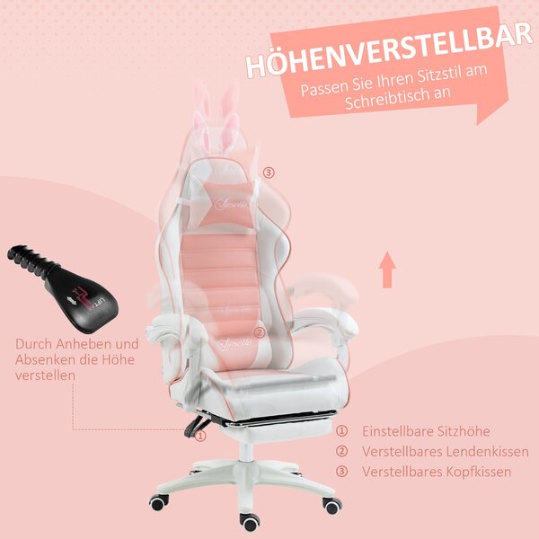 Ergonomická herní židle Vinsetto s bederní podporou, podnožkou a ušima králíčka, polštářkem na hlavu, kancelářská židle s nastavitelnou opěrkou zad Rů