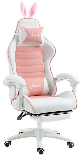 Ergonomická herní židle Vinsetto s bederní podporou, podnožkou a ušima králíčka, polštářkem na hlavu, kancelářská židle s nastavitelnou opěrkou zad Rů
