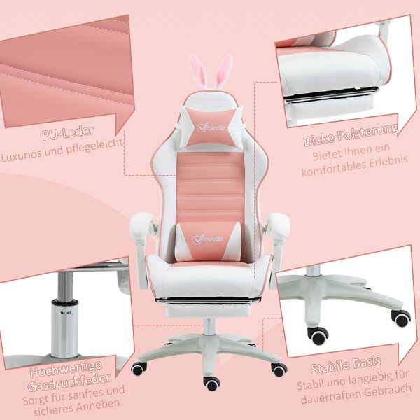 Ergonomická herní židle Vinsetto s bederní podporou, podnožkou a ušima králíčka, polštářkem na hlavu, kancelářská židle s nastavitelnou opěrkou zad Rů