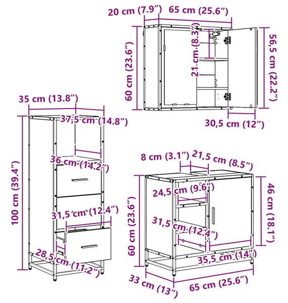 Sada koupelnového nábytku 3 ks Černý dub 65 x 33 x 60 cm 3402374